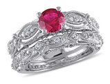 1.70  Carat (ctw) Lab-Created Ruby and White Sapphire with Diamond Bridal Wedding Set Engagement Ring 10K White Gold